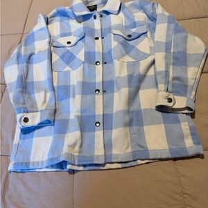 Blue and White Plaid Button-Up Jacket